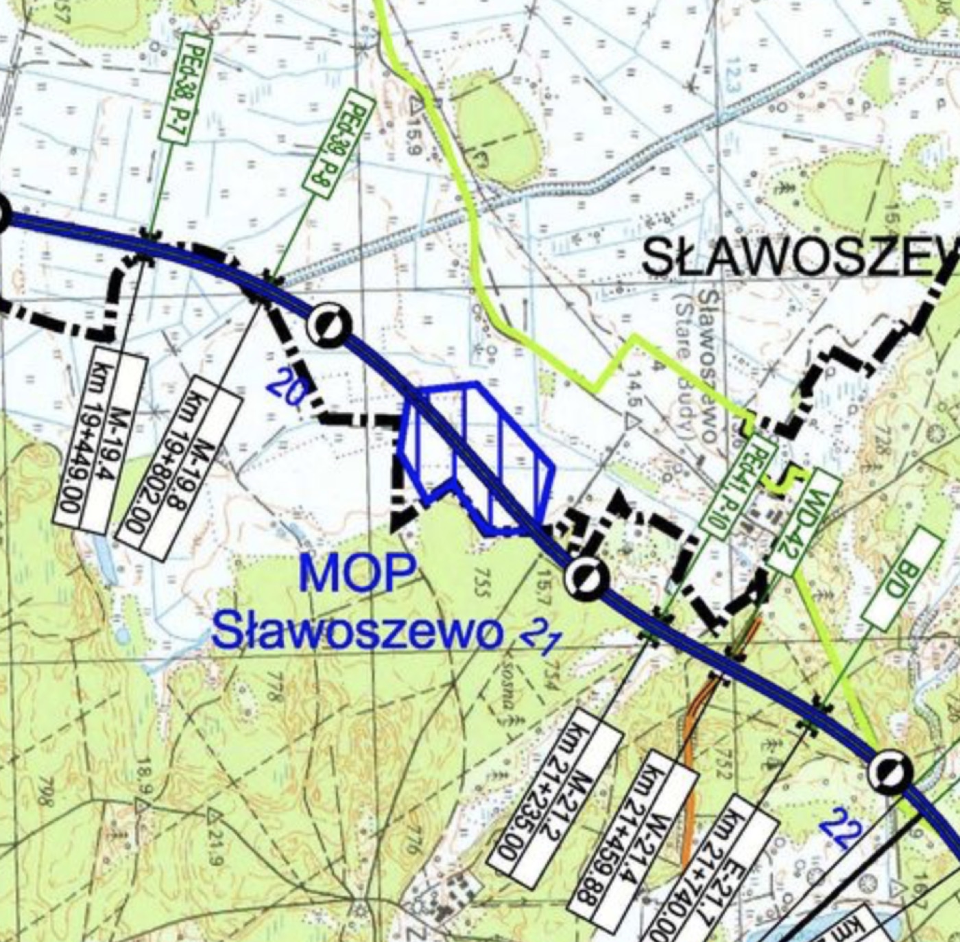 Fragment mapy projektowej z zaznaczonym poligonem MOP Sławoszewo tuż przy zabudowaniach wsi