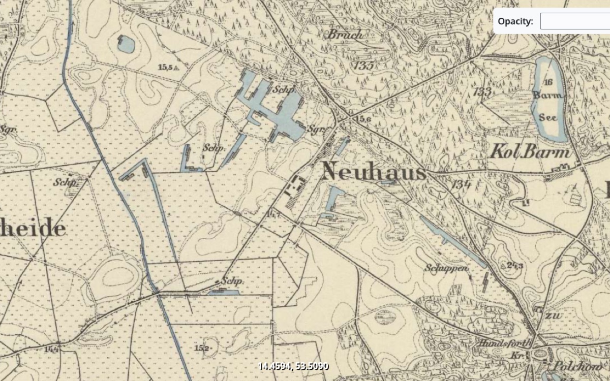 Fragment historycznej niemieckiej mapy topograficznej (Messtischblatt) z zaznaczoną miejscowością Neuhaus, dzisiejszym Sławoszewem