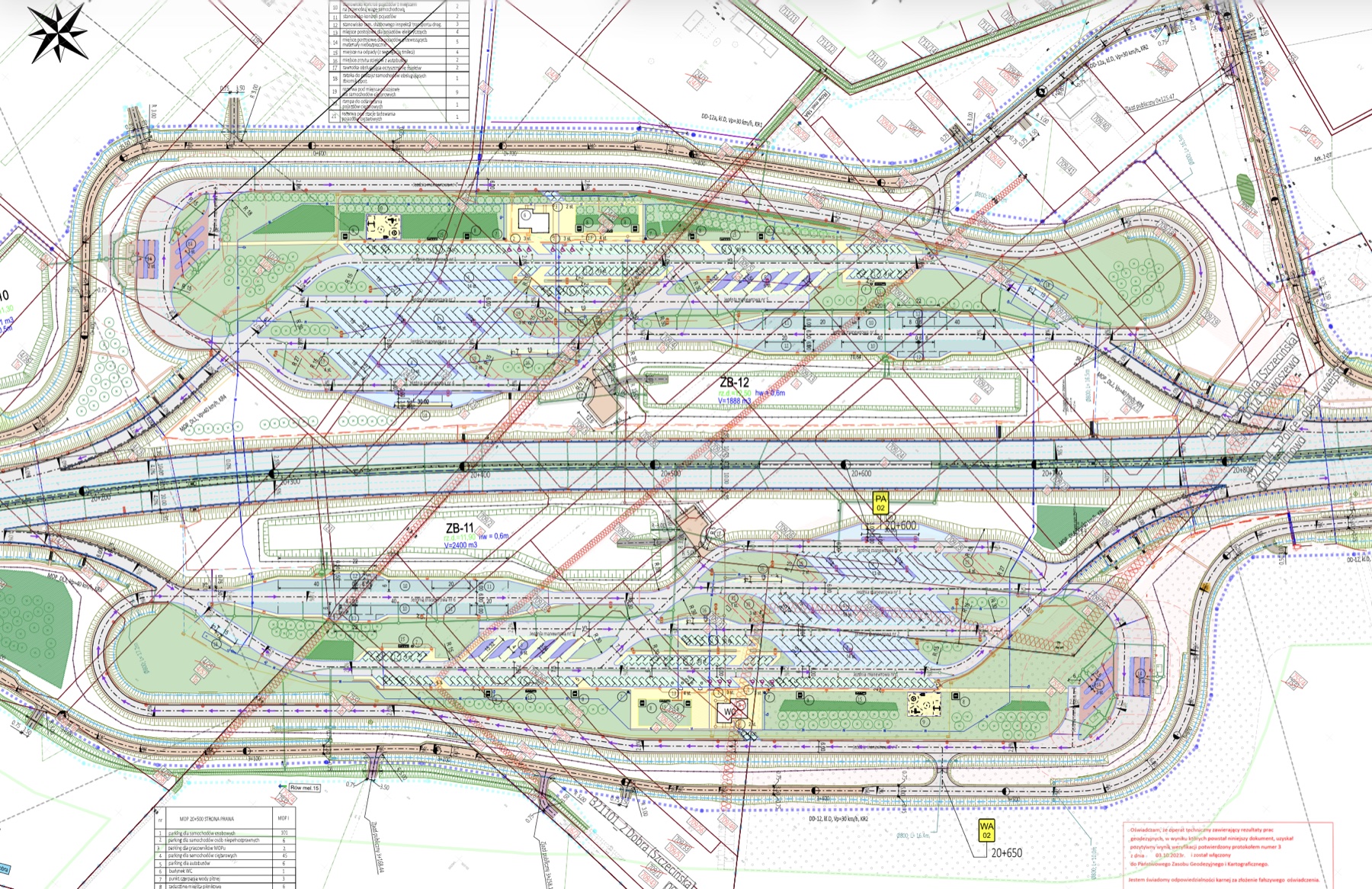 Rysunek techniczny z projektu budowlanego: zagospodarowanie terenu MOP Sławoszewo po obu stronach S6, skala 1:1000, z oznaczonymi parkingami, zbiornikami retencyjnymi ZB-10/11/12 i strefami niebezpiecznymi