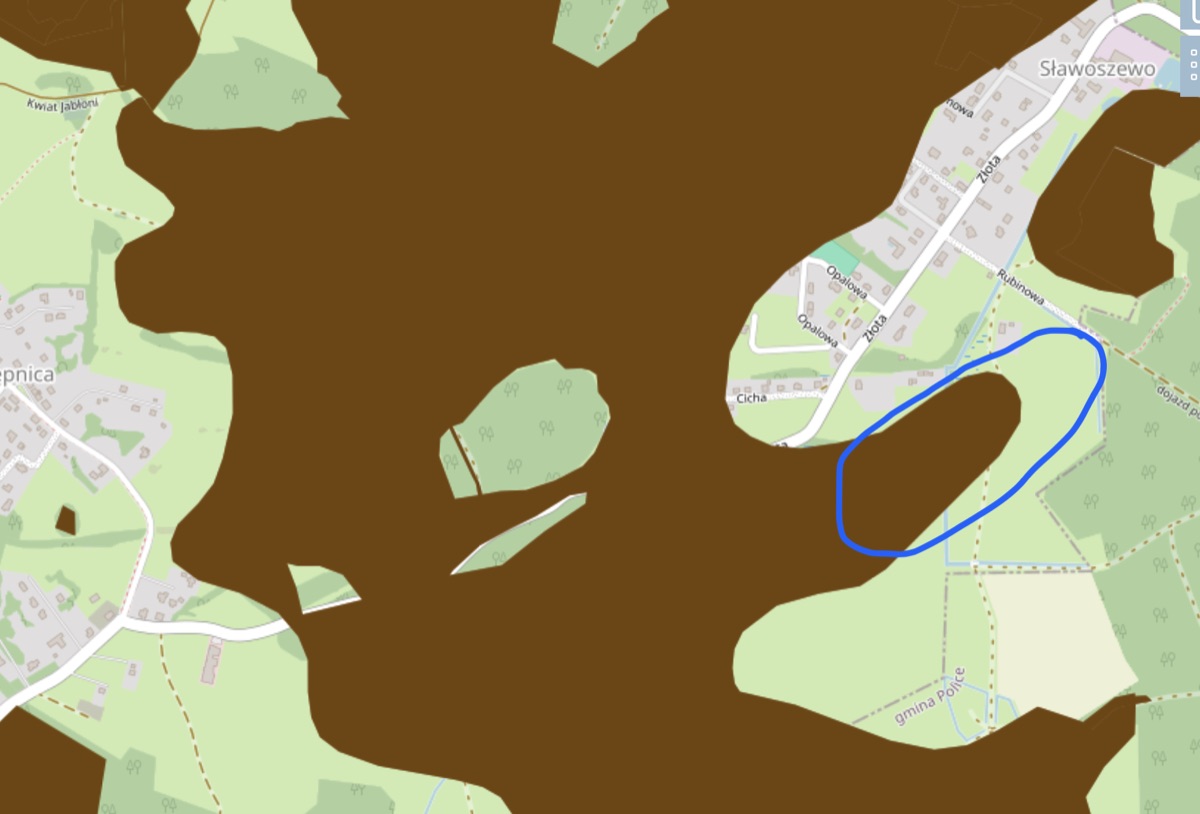 Mapa zasięgu torfowisk (na brązowo) wokół Sławoszewa z zaznaczonym obrysem planowanego MOP